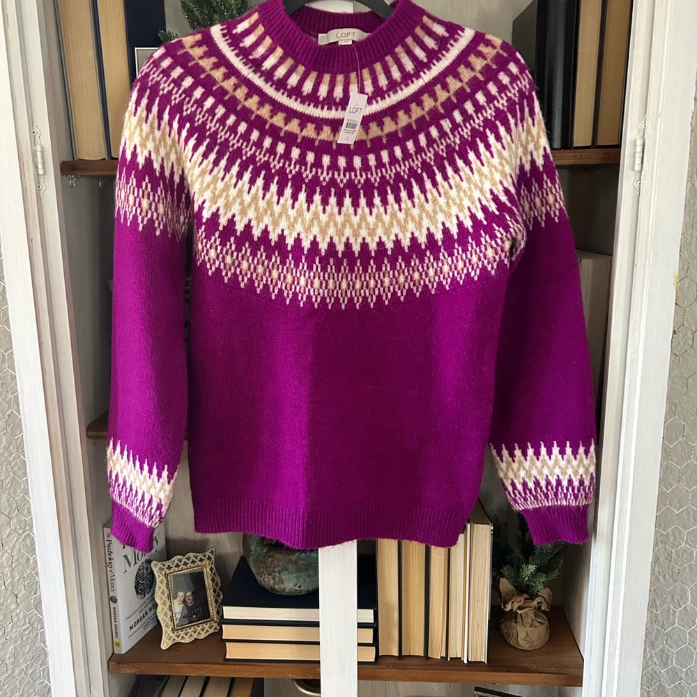 LOFT Purple and Cream Crew Neck Sweater